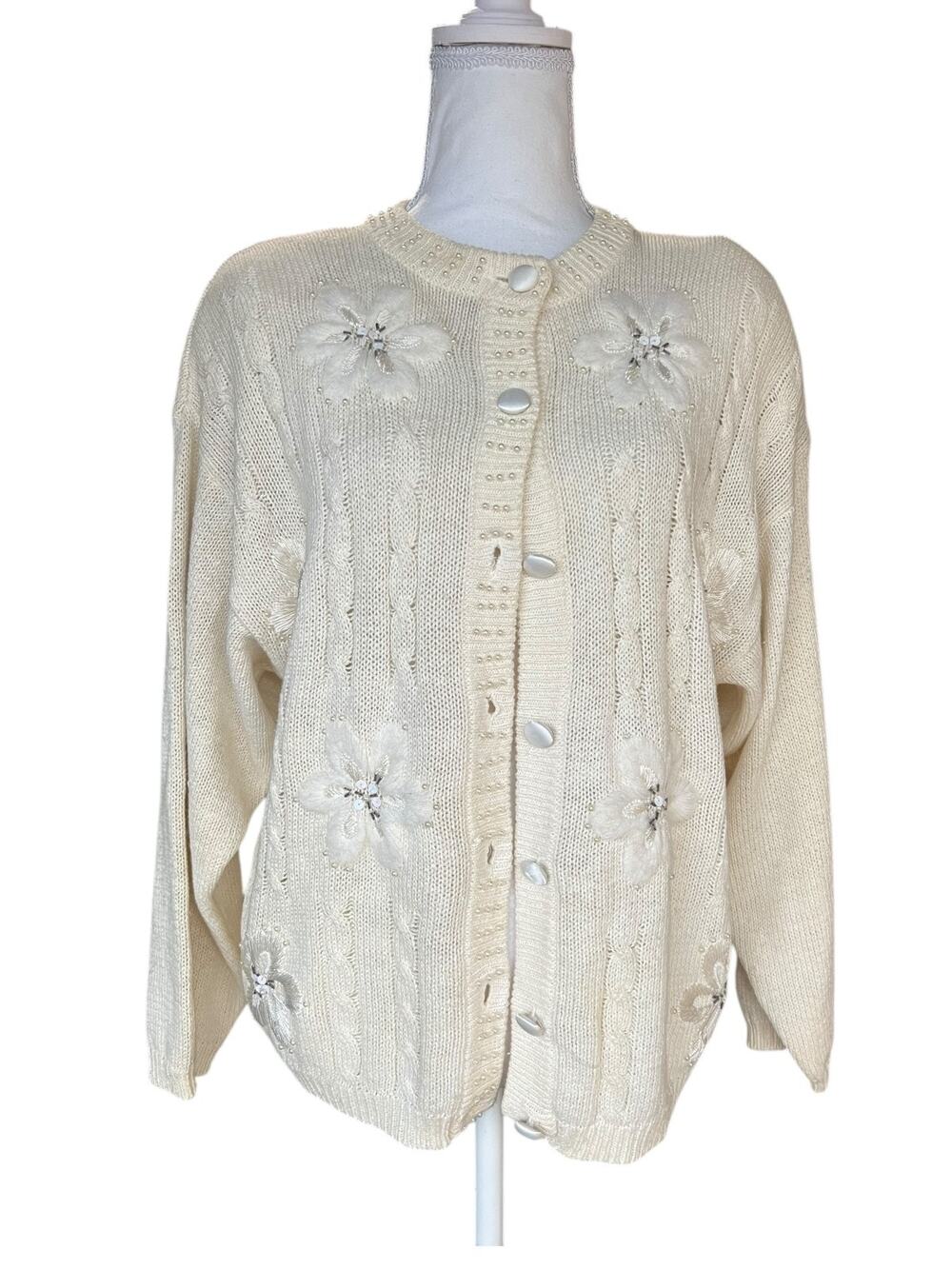 Norton McNaughton Petite Women's Flower Embroidered Knit Cardigan Ivory Medium